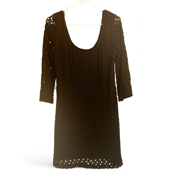 As U Wish Dresses & Skirts - AUW Dress S Black Crochet Knit Overlay Deep Scoop Neck L